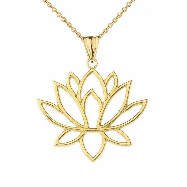 14k Solid Gold Double Sided Lotus Flower Buddism Pendant Necklace
