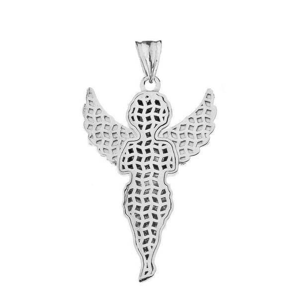 10k Solid White Gold Angel CZ Religious Pendant Necklace