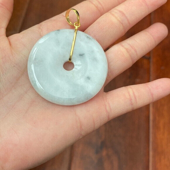 14K Solid Yellow Gold Round Large Donut Natural Jade Pendant Charm White