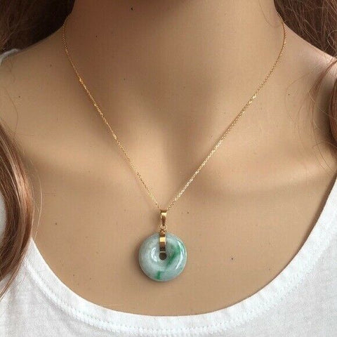 14K Solid Gold Donut Round Natural Jade Pendant / Charm Dainty Adjust Necklace