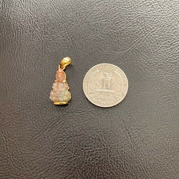 14K Solid Gold Happy Kwan Yin Guanyin Buddha Female Red Jade Pendant Small Kid