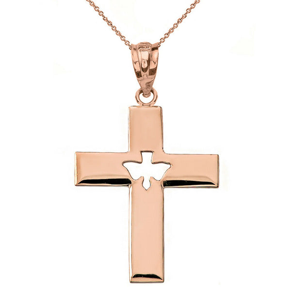 14K Solid Gold Religious Cross With Cut-Out Holy Spirit Dove Pendant Necklace