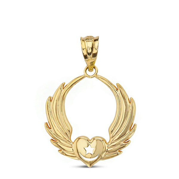 10k Solid Gold Winged Heart with Star Crescent Islam Sufi Order Pendant Necklace