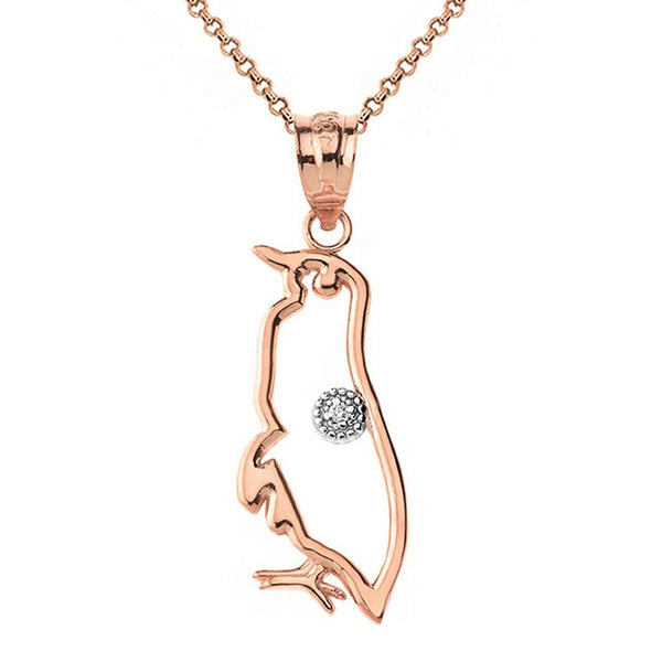 10k 14k Solid Gold Diamond Penguin Seabird Outline Openwork Pendant Necklace