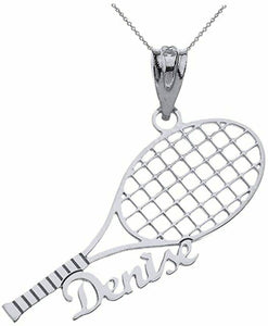 Personalized Engrave Name Sterling Silver Tennis Racquet Pendant Necklace