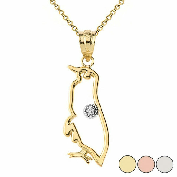 10k 14k Solid Gold Diamond Penguin Seabird Outline Openwork Pendant Necklace
