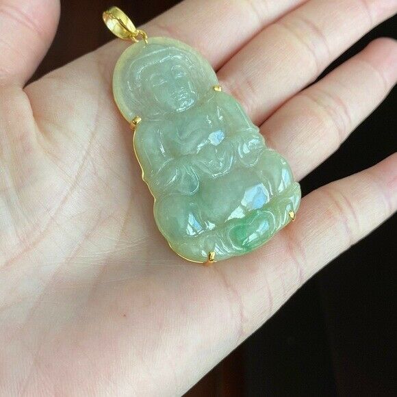 14K Solid Gold Lady Tara Buddhist Buddha Natural Jade Pendant Bodhisattva