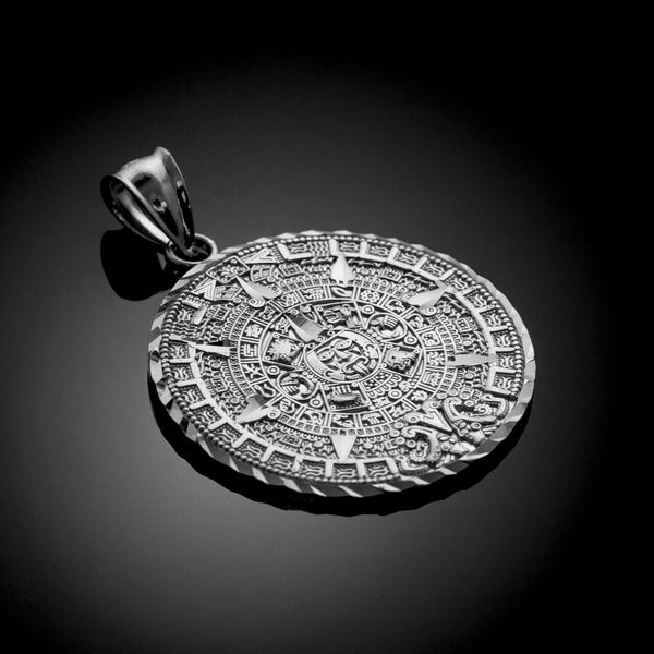 10K White Gold Aztec Mayan Mexico Sun Calendar Pendant - Small, Medium, Large