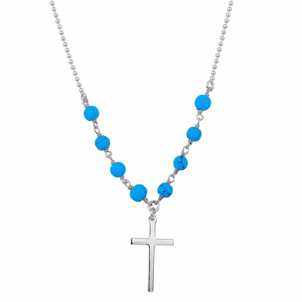 925 Sterling Silver Small Cross Necklace with Turquoise Beads