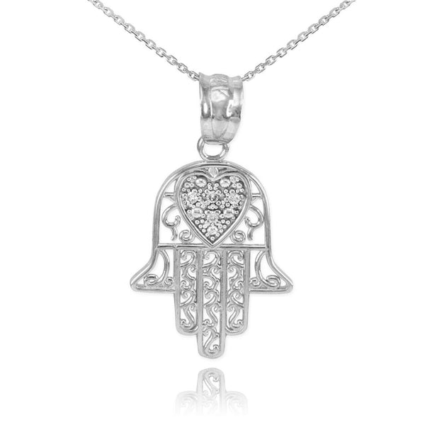 14k Solid White  Gold Diamond Filigree Hamsa Pendant Necklace 16" 18" 20" 22"