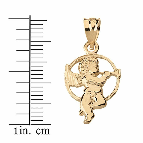 14k Solid Yellow Gold Diamond Cut Trumpet Cherub Angel Circle Pendant Necklace