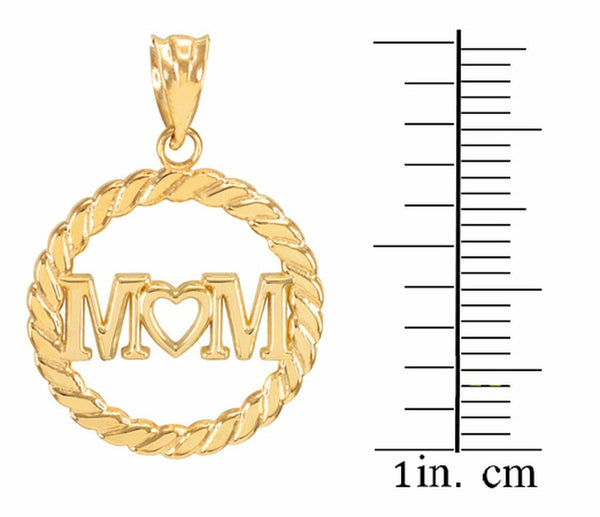 10k Solid Yellow Gold MOM Heart in Circle Rope Pendant Charm Necklace