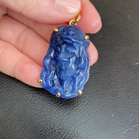 14K Real Solid Gold Carving Jesus Sodalite Christ Head Pendant Charm