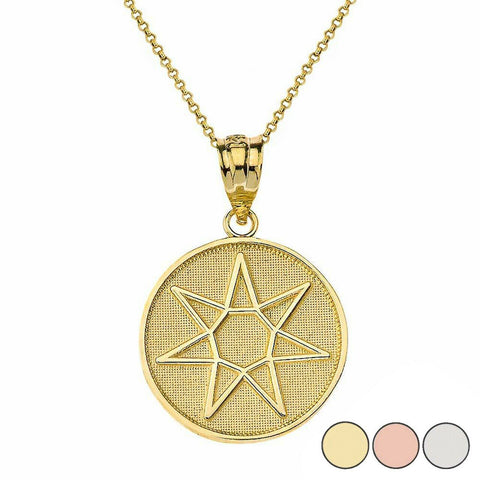 10K Solid Gold Wiccan Heptagram Faery Star Circle Pendant Necklace