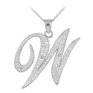 Personalized 925 Sterling Silver CZ Initial Script Letter W Pendant Necklace