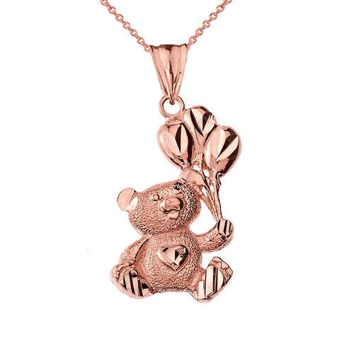 10K Solid Gold Teddy Bear with Balloon Pendant Necklace -Yellow, Rose, or White