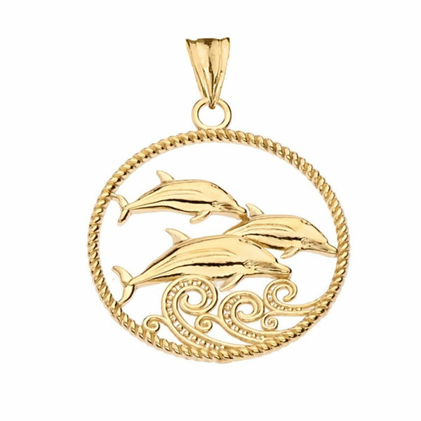 10k Real Solid Yellow Gold Roped Dolphin Trio Pendant Necklace