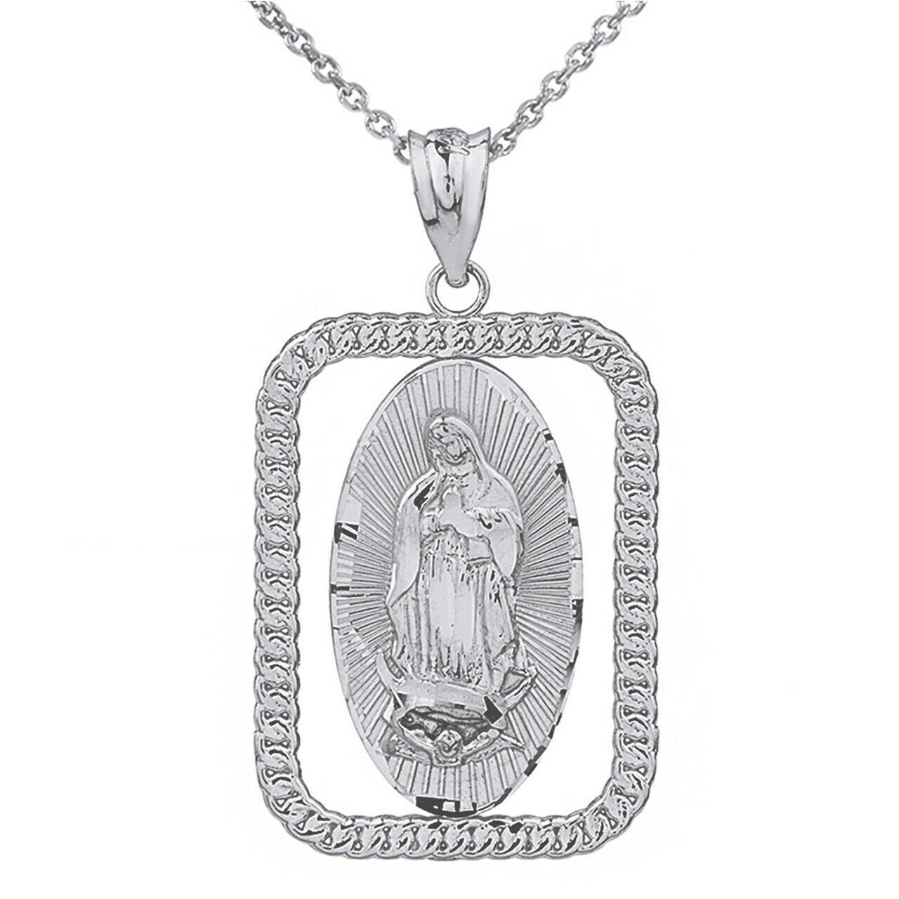 Pure Silver Our Lady of Virgen De Guadalupe Rectangular Frame Pendant Necklace