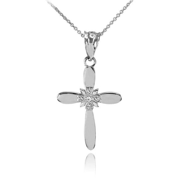 Solid 14k White Gold Dainty Accent Solitaire Diamond Cross Pendant Necklace