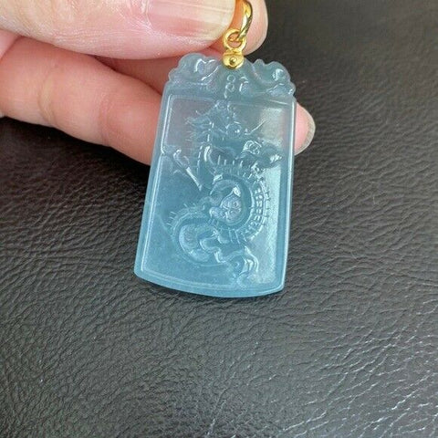 14K Solid Yellow Gold Carved Dragon Natural Jade Pendant Rectangle