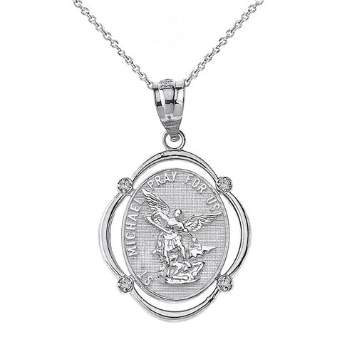 Sterling Silver Saint St Michael Pray For Us CZ Halo Frame Oval Pendant Necklace