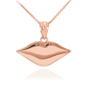 10k Solid Rose Gold Lady Love Kissing Lips Charm Pendant Necklace