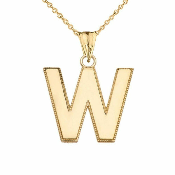 10k Solid Gold Small Milgrain Initial Letter W Pendant Necklace Personalized