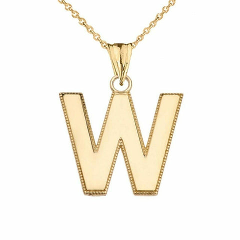 10k Solid Gold Small Milgrain Initial Letter W Pendant Necklace Personalized