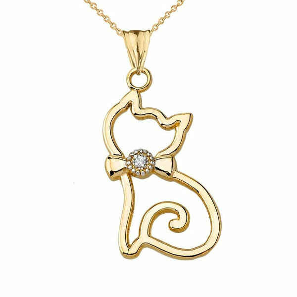 Solid 10k Yellow Gold Openwork Diamond Cat Pendant Necklace