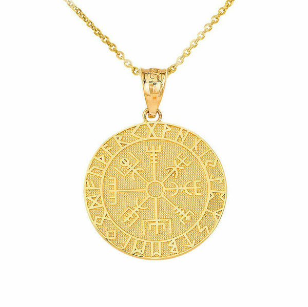 Solid Gold Vegvisir Protection Runes Viking Compass Icelandic Pendant Necklace