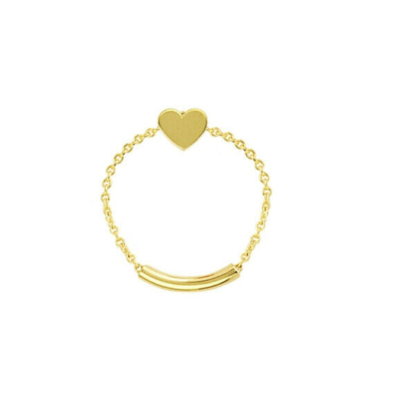 14K Solid Gold Heart Shape Chain Dainty Bar Ring -Yellow Size 6, 7, 8 Minimalist