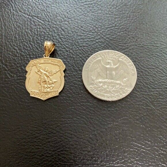 10k Solid Yellow Gold Saint Michael Protect Us Shield Pendant Necklace