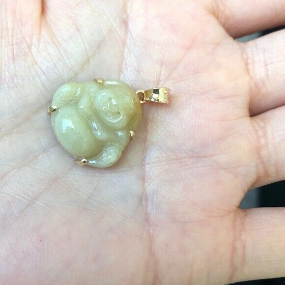 Small 18K Solid Gold Happy Laughing Buddha Yellow Jade Religious Pendant -654