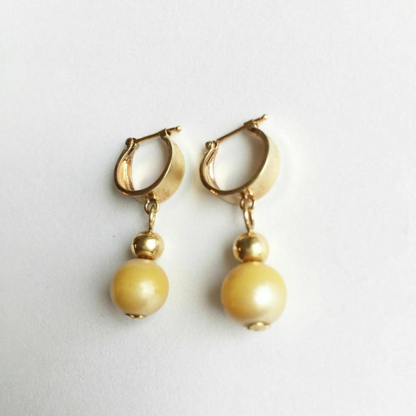 14K Solid Yellow Gold Dangle Balls Pearl earrings
