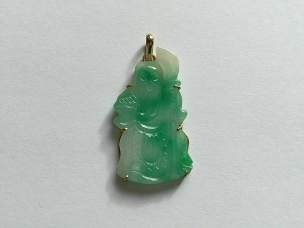 14k Solid Yellow Gold Longevity God Green Jade Pendant