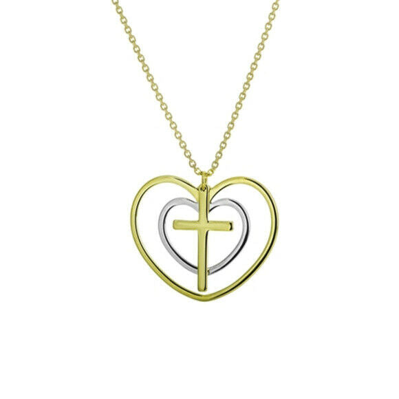 14K Solid Gold Double Heart With Cross Necklace Adjustable Religious 16"-18"