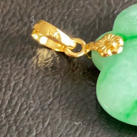 14K Solid Yellow Gold Large Heart Green Jade Pendant Charm