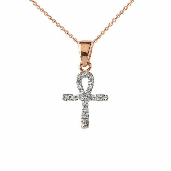 10k Solid Rose Gold Mini Diamond Ankh Cross Pendant Necklace - Minimalist