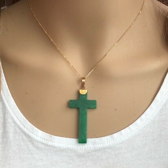 14K Solid Gold Green Jade Cross Pendant / Charm Dainty Adjustable Necklace