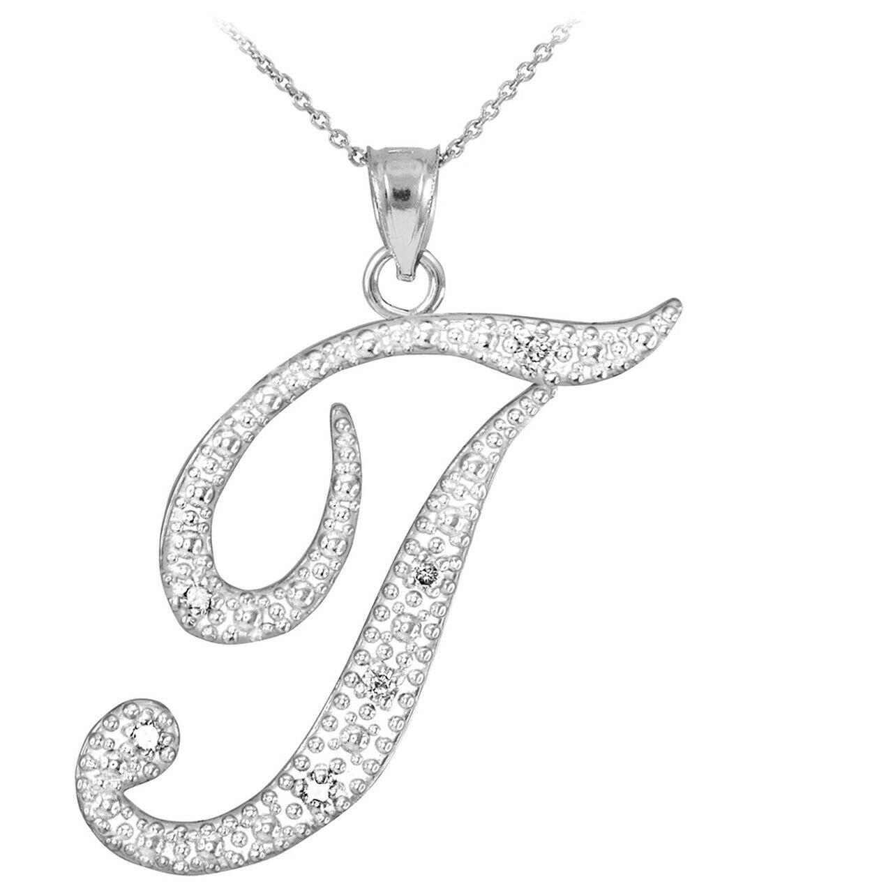 Personalized 925 Sterling Silver CZ Initial Script Letter T Pendant Necklace