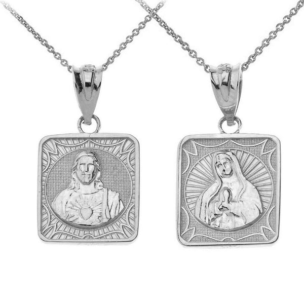 Sterling Silver Reversible Virgin Mary and Jesus Christ Square Pendant Necklace