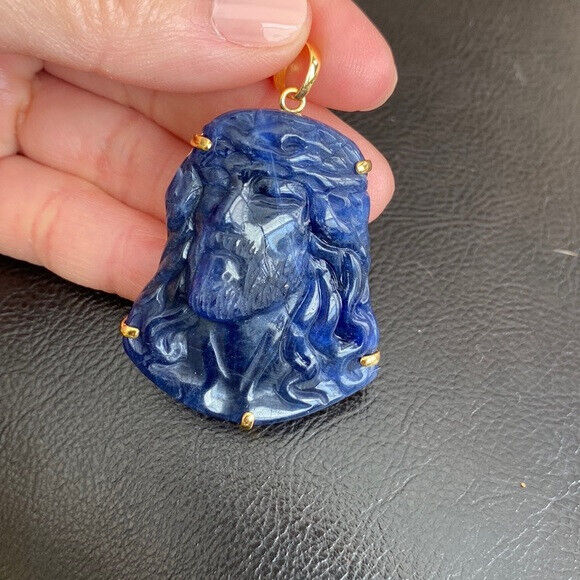 14K Real Solid Gold Carving Jesus Sodalite Christ Head Pendant Charm Large
