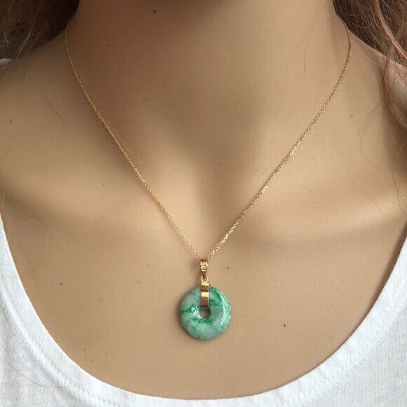 14K Solid Gold Donut Round Natural Jade Pendant /Charm Dainty Adjust Necklace