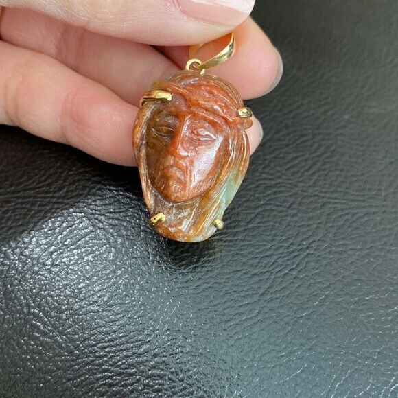 14K Real Solid Gold Natural Jade Carved Jesus Christ Head Pendant Charm