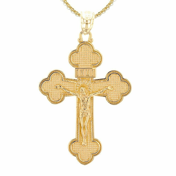 Solid Yellow Gold 14K Eastern Orthodox Crucifix Cross Pendant Necklace