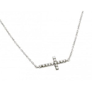 925 Sterling Silver Rhodium Plated Sideways Cross with Pearls Pendant 16-18 in