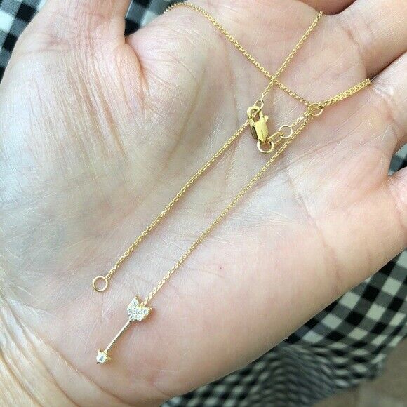 14K Solid Gold CZ Arrow Drop Dangle Lariat Necklace 16"-18" (White,Yellow,Rose