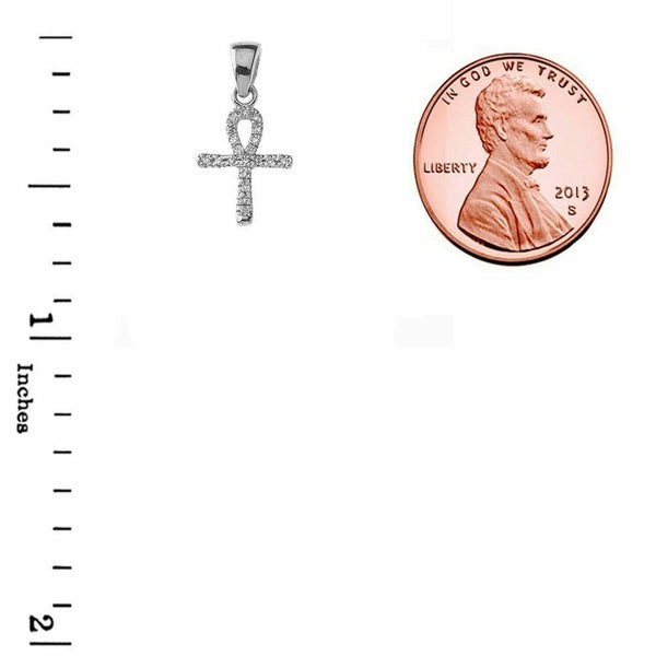 14k Solid White Gold Mini Diamond Ankh Cross Pendant Necklace - Minimalist