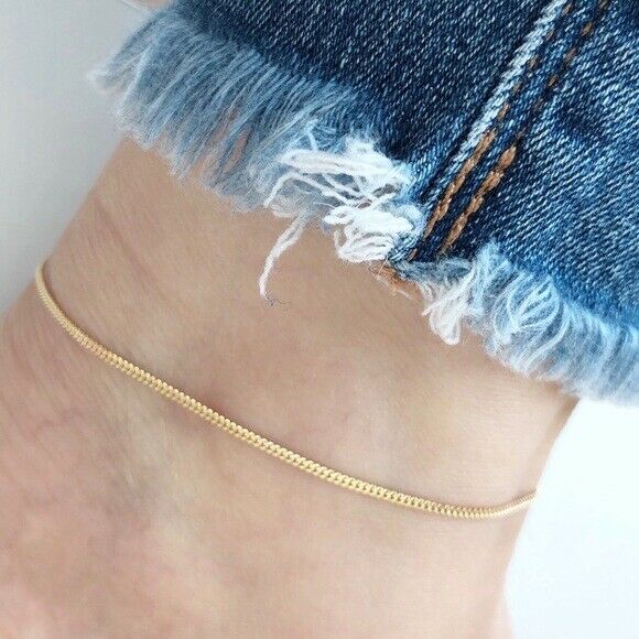 14K Solid Gold Simple Chain Ankle Bracelet Anklet -Yellow 9"-10" Adjustable