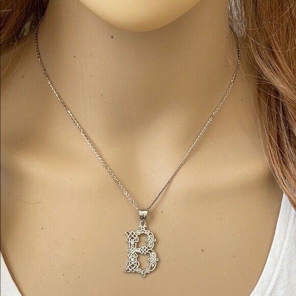 Sterling Silver CZ Celtic Knot Pattern Initial Letter B Pendant Charm Necklace